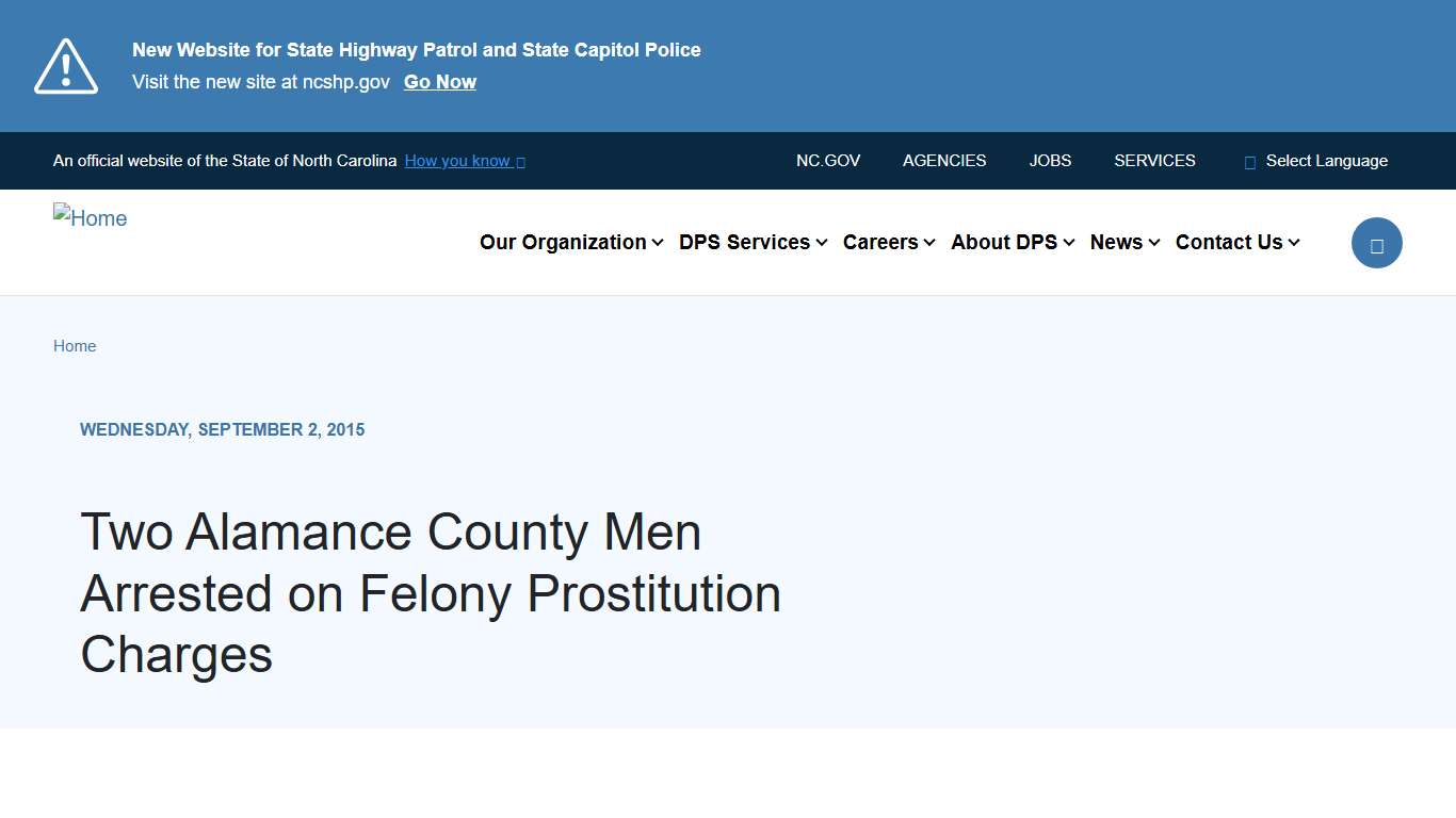 Two Alamance County Men Arrested on Felony Prostitution Charges | NC DPS